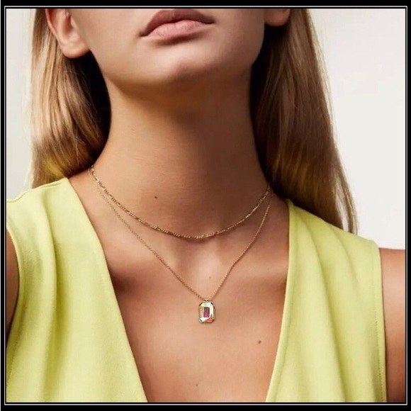 14k Gold Aurora Borealis Prism Emerald Cut Crystal Minimalist Necklace - Picture 7 of 7